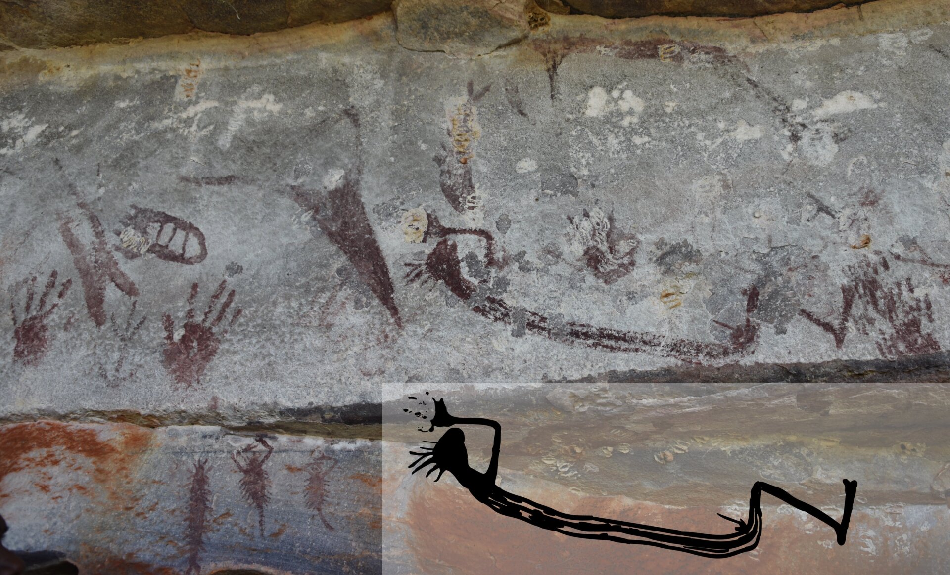 A rare depiction of a human, seen in a reclining position. Yellowish splotches on the cave wall are former mud wasp nests, which was used to date the artworks. 