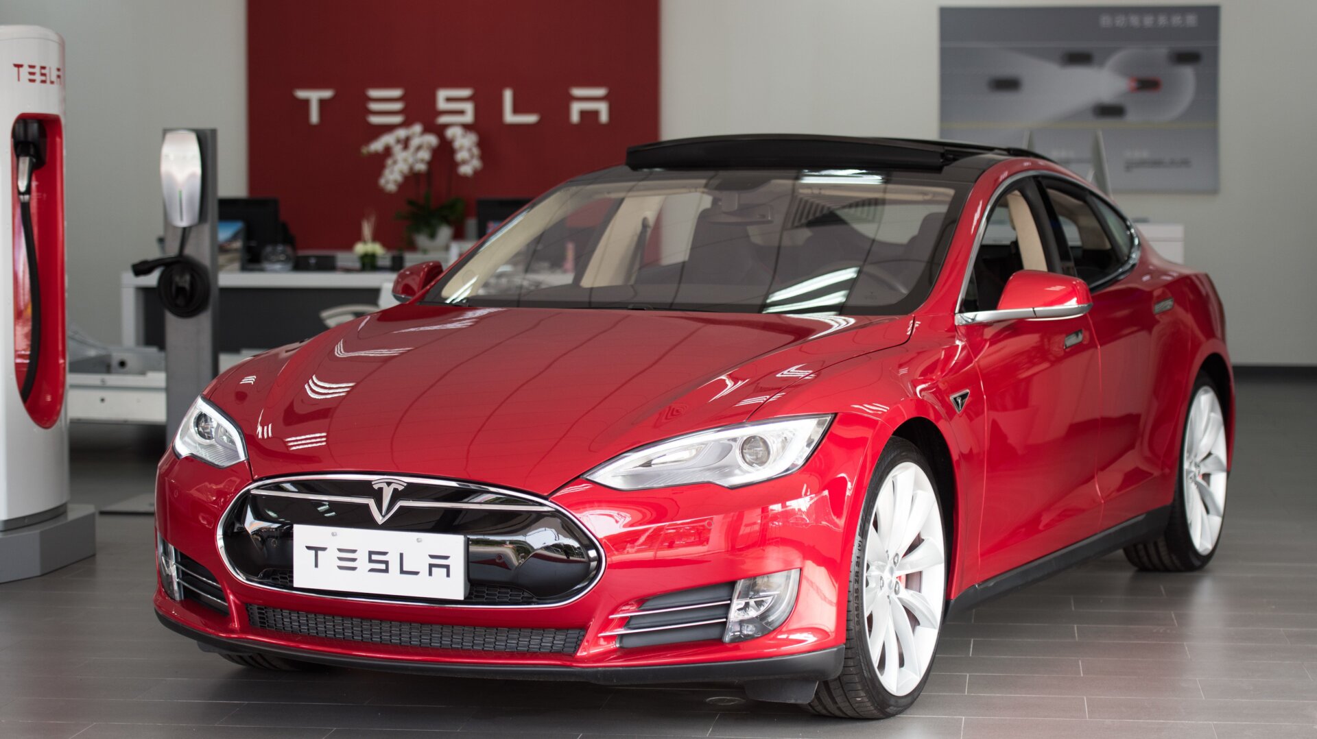 A Model S sedan on the display floor in Shanghai in March 2015.
