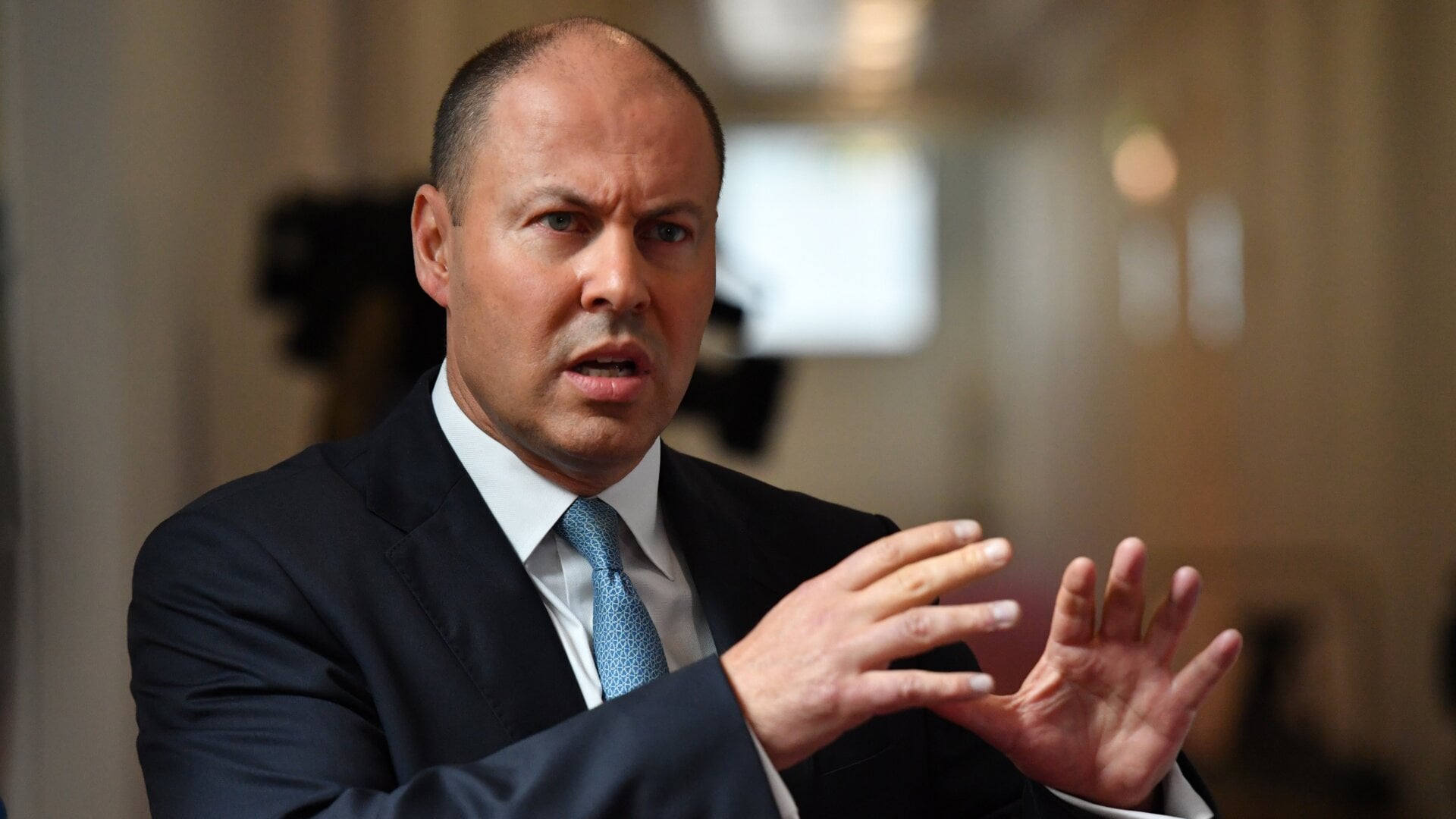 Treasurer Josh Frydenberg during morning media appearances in the Media Gallery at Parliament House on February 19, 2021 in Canberra, Australia.
