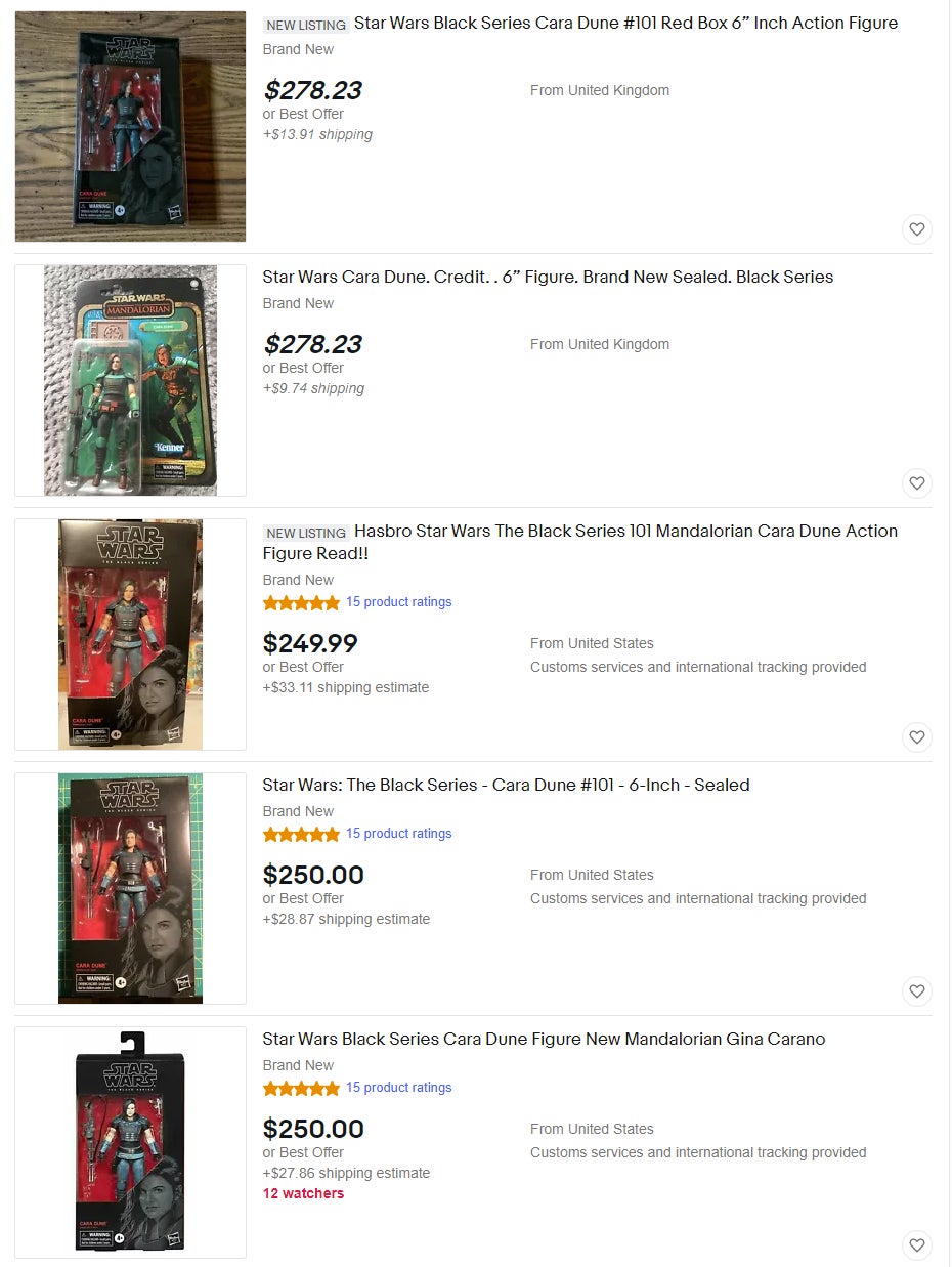 A sample of current eBay auctions for Cara Dune action figures.