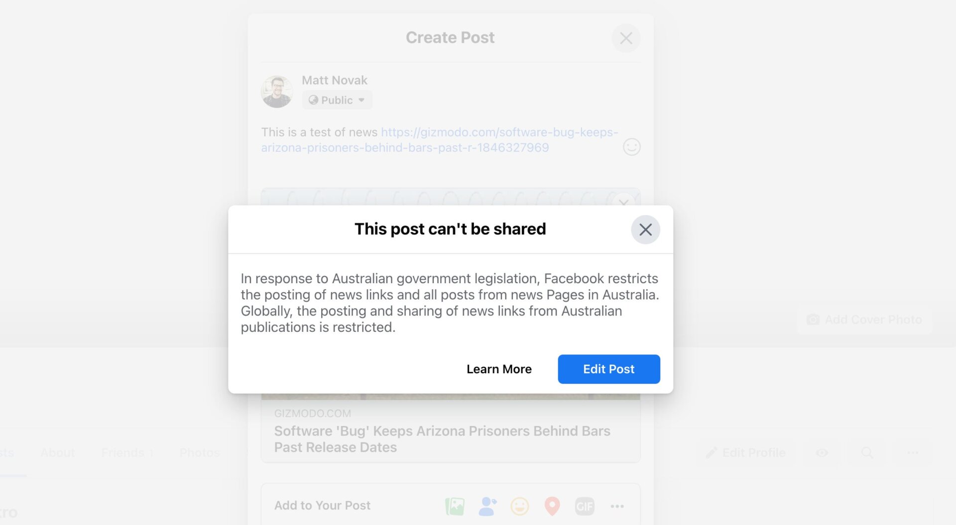 Screenshot: Facebook/Gizmodo