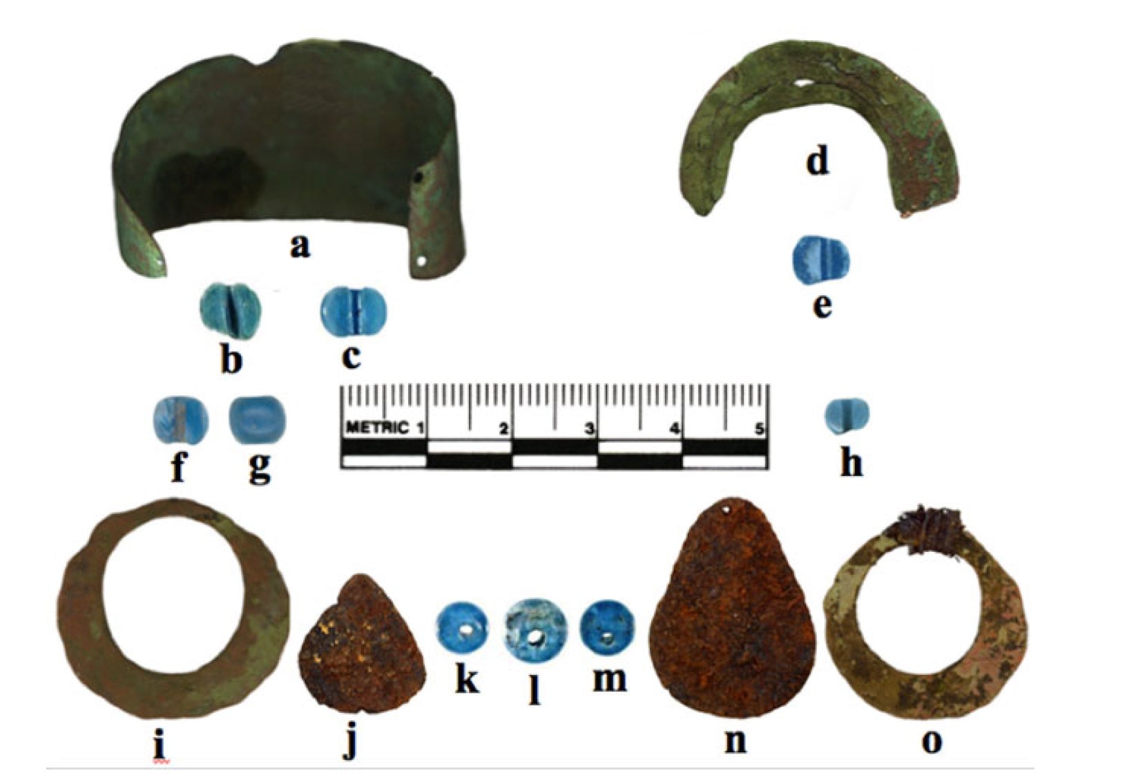 Metal artifacts and glass beads analyzed in the study. 