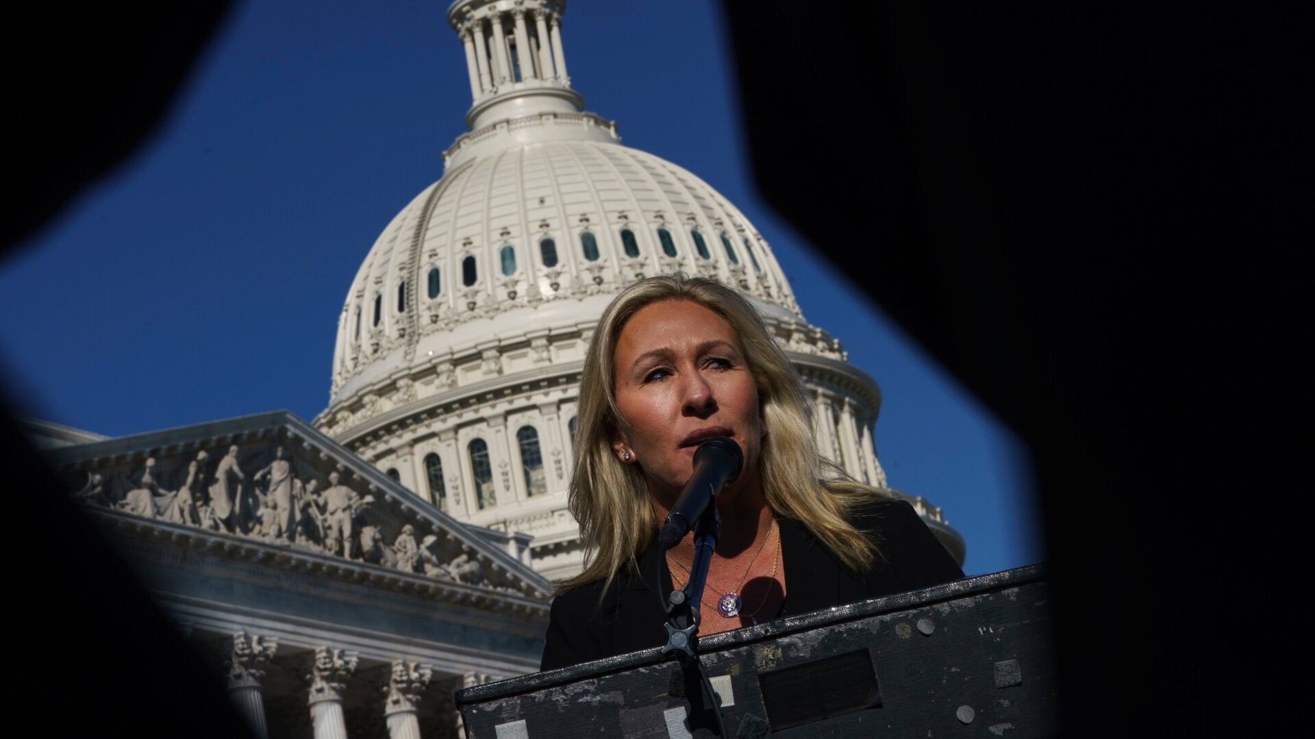 Rep. Marjorie Taylor Greene speaks during a press conference outside the U.S. Capitol on February 5, 2021 in Washington, DC. The House voted 230 to 199 on Friday evening to remove her from committee assignments over her remarks about QAnon and other conspiracy theories.