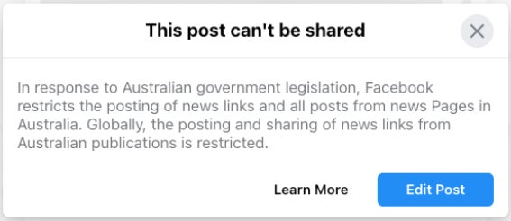 Message served to users that try to share news content in Australia