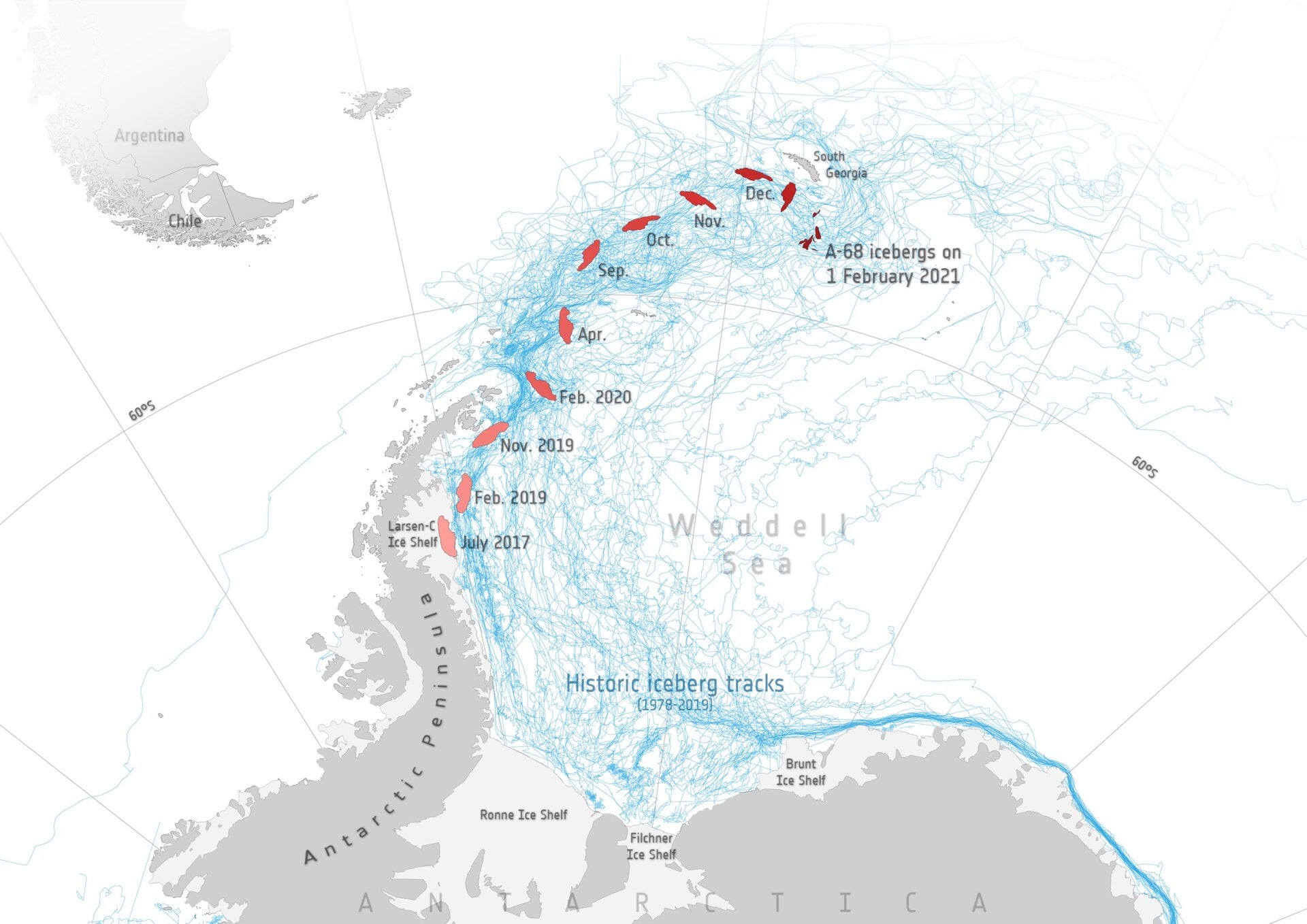 A map showing the journey of A68a, along with routes taken by previous icebergs. 