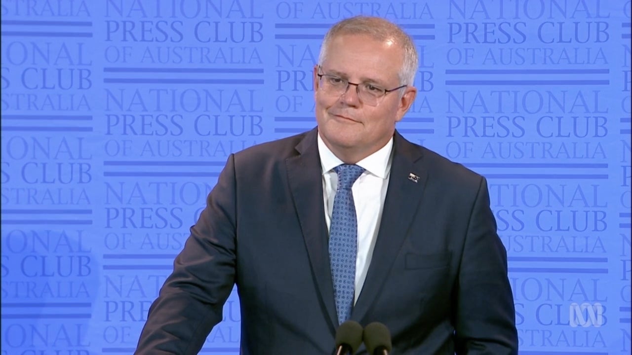Australia Prime Minister Scott Morrison at the National Press Club of Australia in Canberra on February 1, 2021.