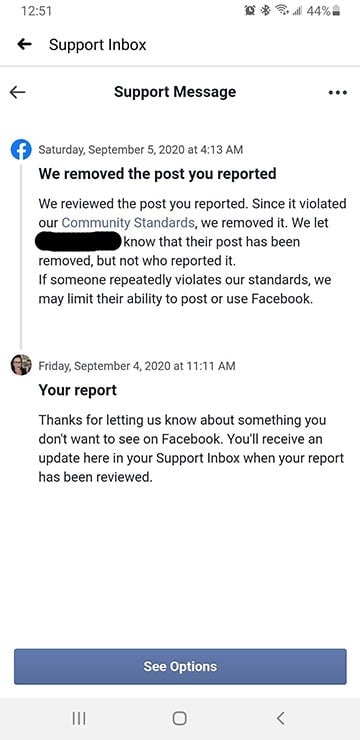 I reported my ex’s comment to Facebook for inciting violence.