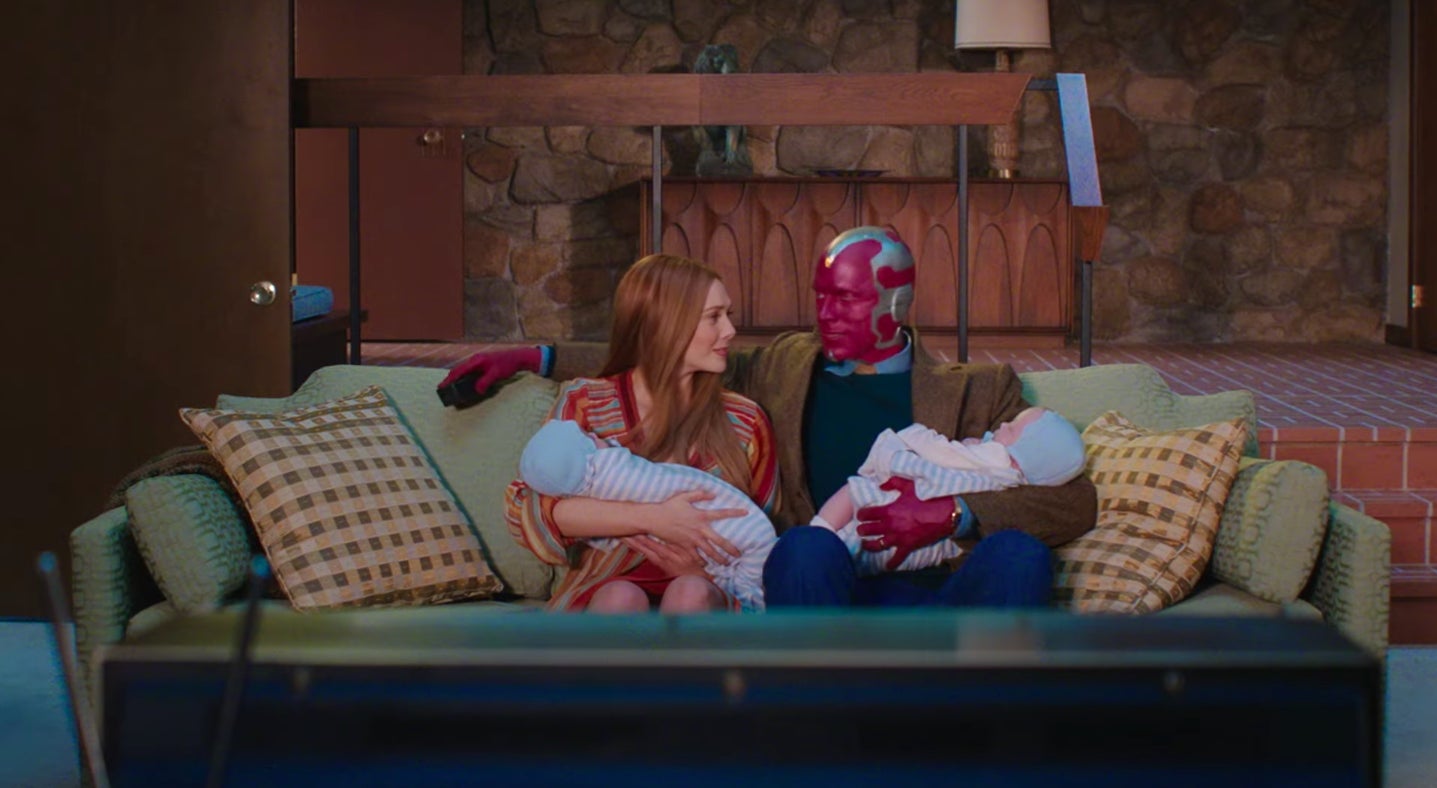 Wanda, Vision, Billy, and Tommy settling in to watch TV.