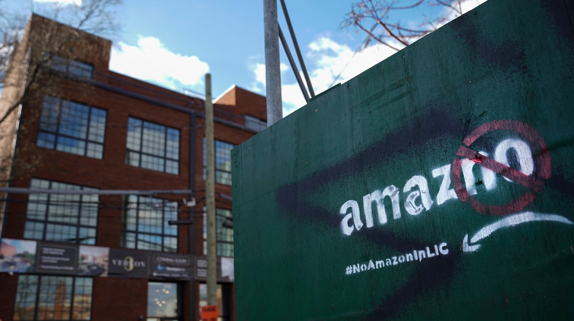 A protest message against Amazon’s abandoned plans to open a headquarters building in Long Island City, Queens, in January 2019.