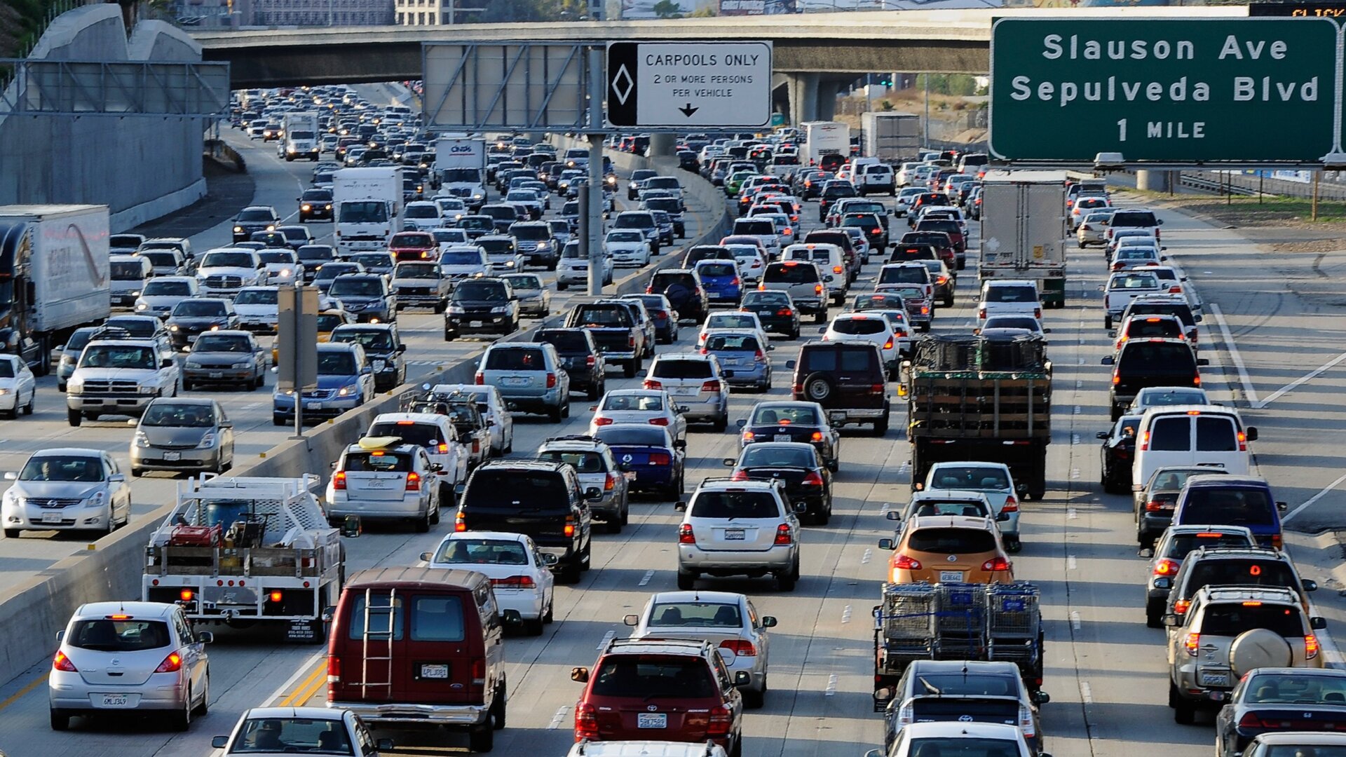 Traffic comes to a stand still on the northbound and the southbound lanes of the Interstate 405 freeway near LAX.