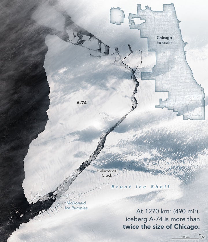 Annotated image showing the new iceberg and surrounding features. 