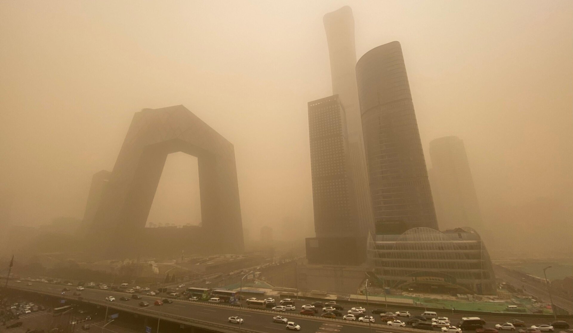Buildings are seen in the central business district of Beijing during a sandstorm on March 15, 2021.