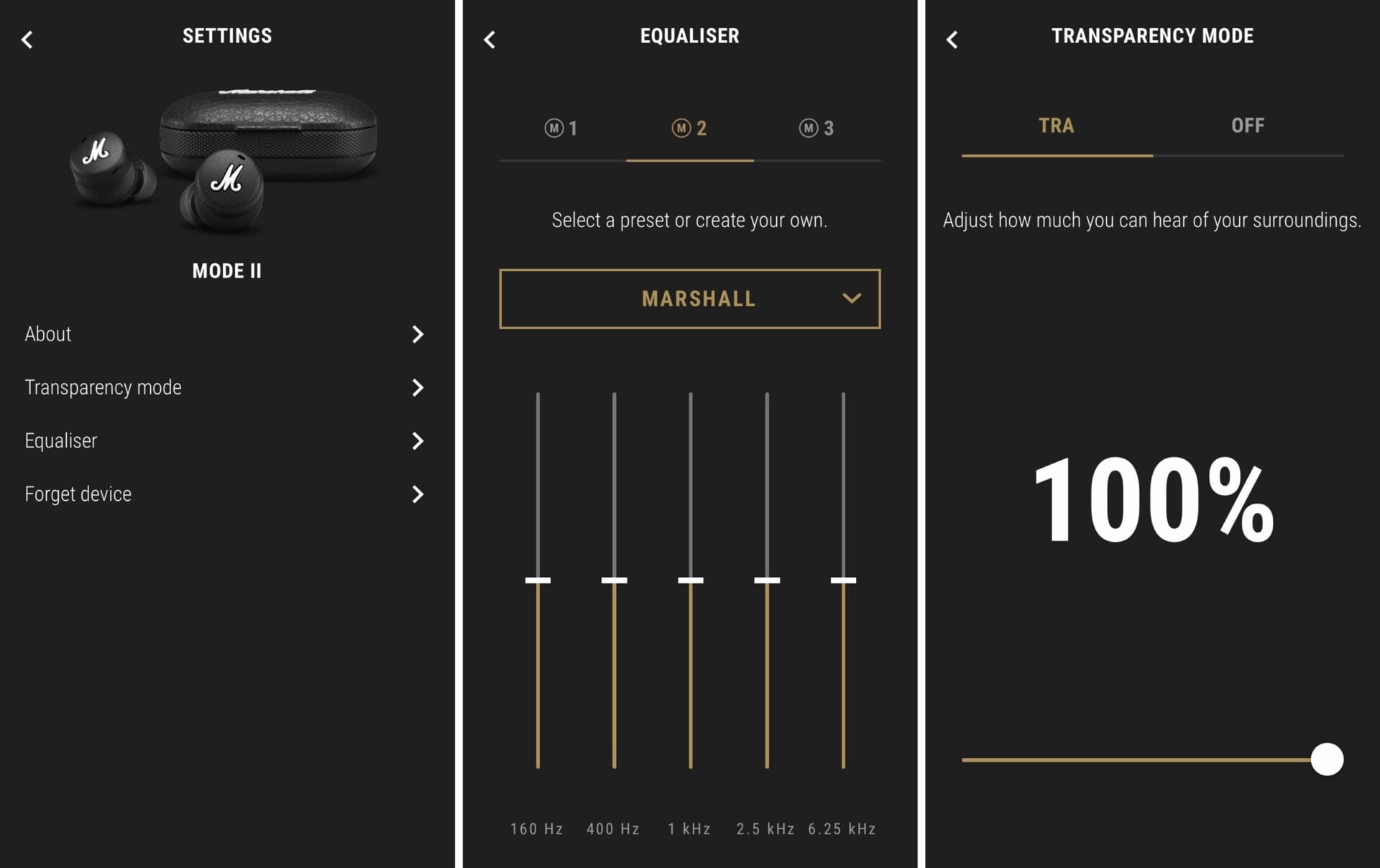 Marshall’s app can be used to tweak the sound profile of the Marshall Mode IIs using an adjustable EQ, as well as turn on transparency mode and adjust the level of background noise you’ll hear added to your mix.