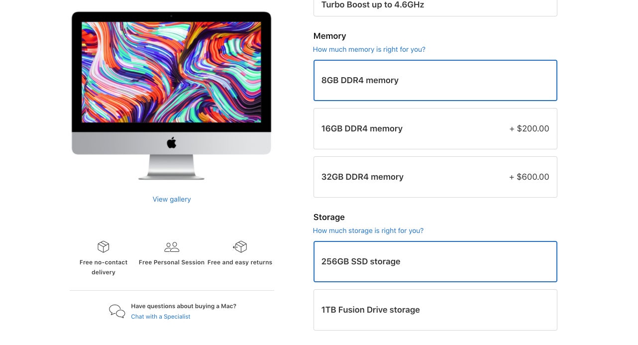 The Apple product page for the 21.5-inch iMac with Retina 4K display.