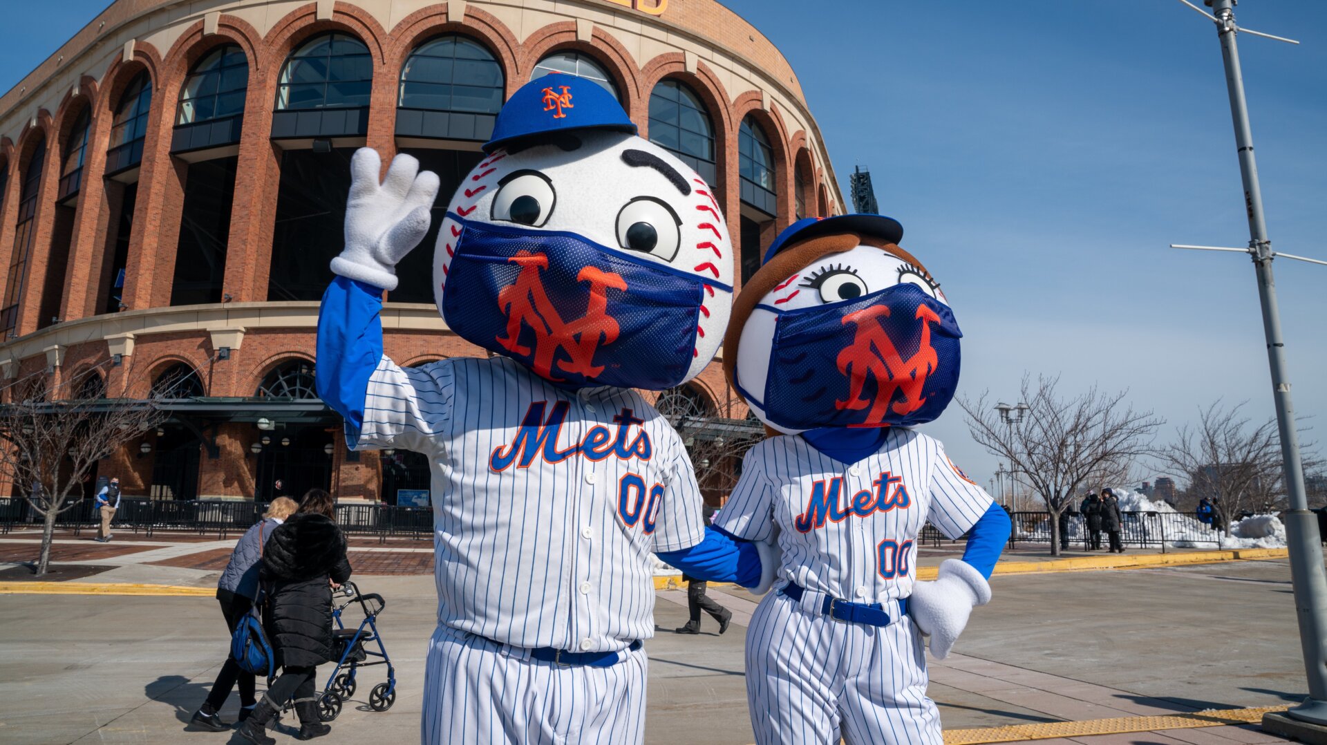 Mr and Mrs. Met at the opening of the covid-19 vaccination site at Citi Field on February 10, 2021 in Queens, New York City.