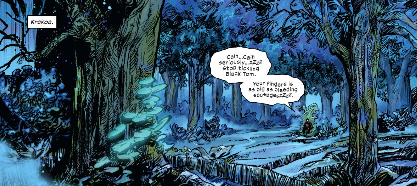 Black Tom having some alone time in the woods.