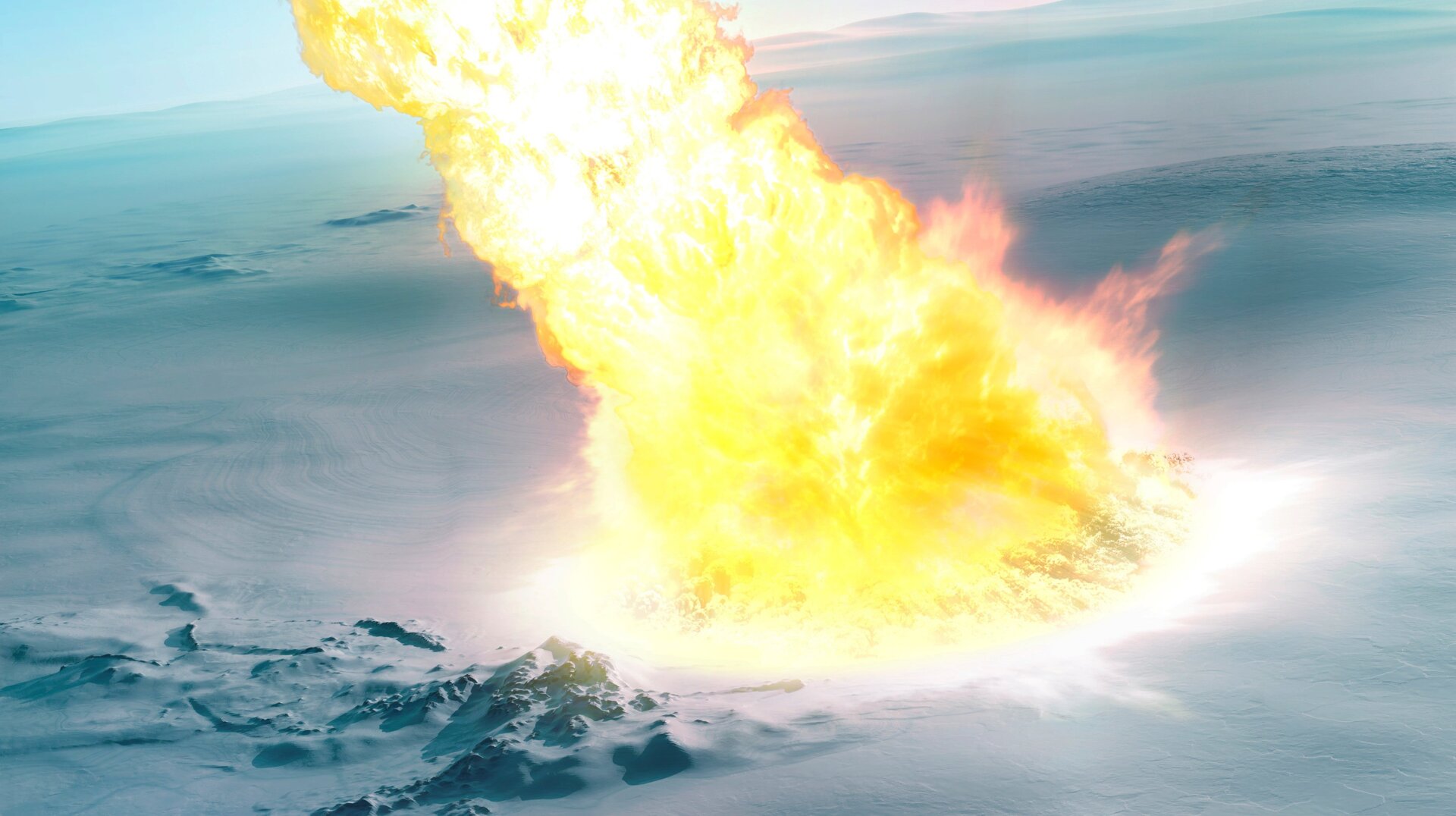 Artist’s interpretation of the hot jet of molten particles and hot gas, striking the ancient Antarctic surface.