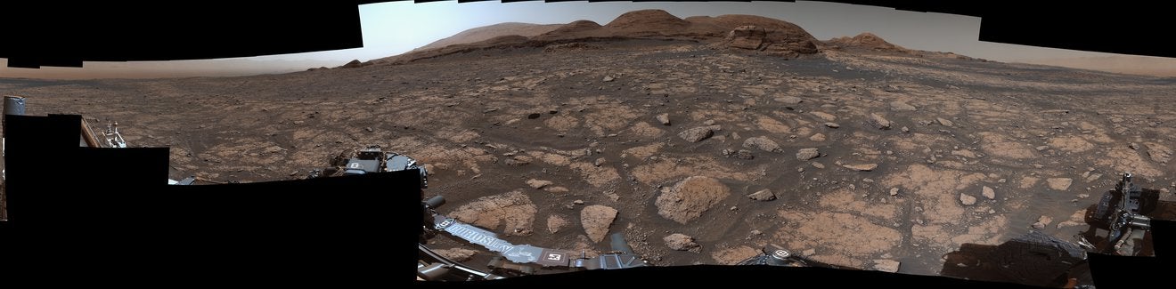 A panoramic view of Curiosity’s surroundings, as seen on March 3, 2021.