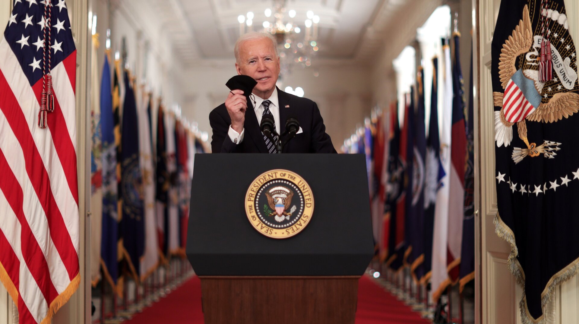 President Joe Biden gives a primetime address to the nation from the East Room of the White House on March 11, 2021 to mark the one-year anniversary of the shutdown due to the covid-19 pandemic.