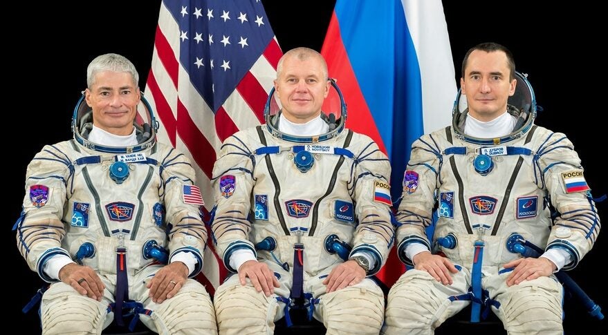 The MS-18 crew: Mark Vande Hei (left), Oleg Novitskiy (center), and Pyotr Dubrov. 