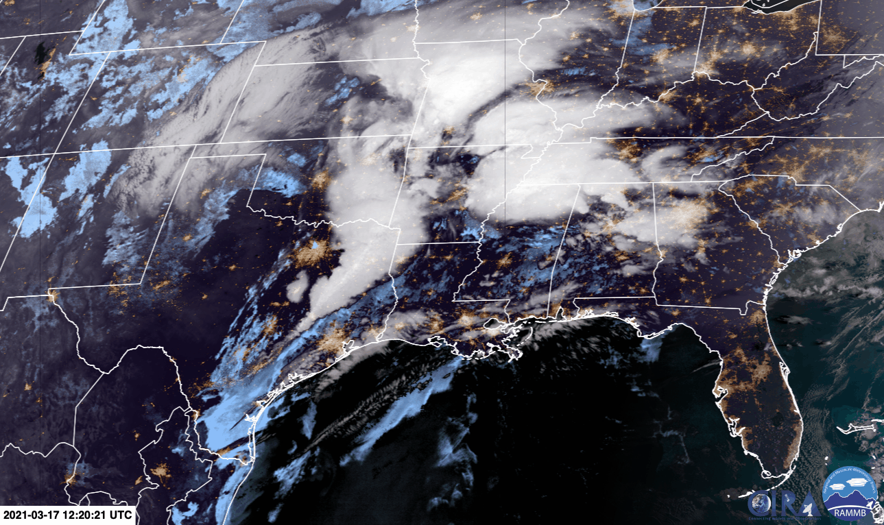 The satellite view of dawn over the South. Warm, moist air streaming up from the Gulf of Mexico will interact with a cold front to create dangerous severe weather on Wednesday and Thursday.