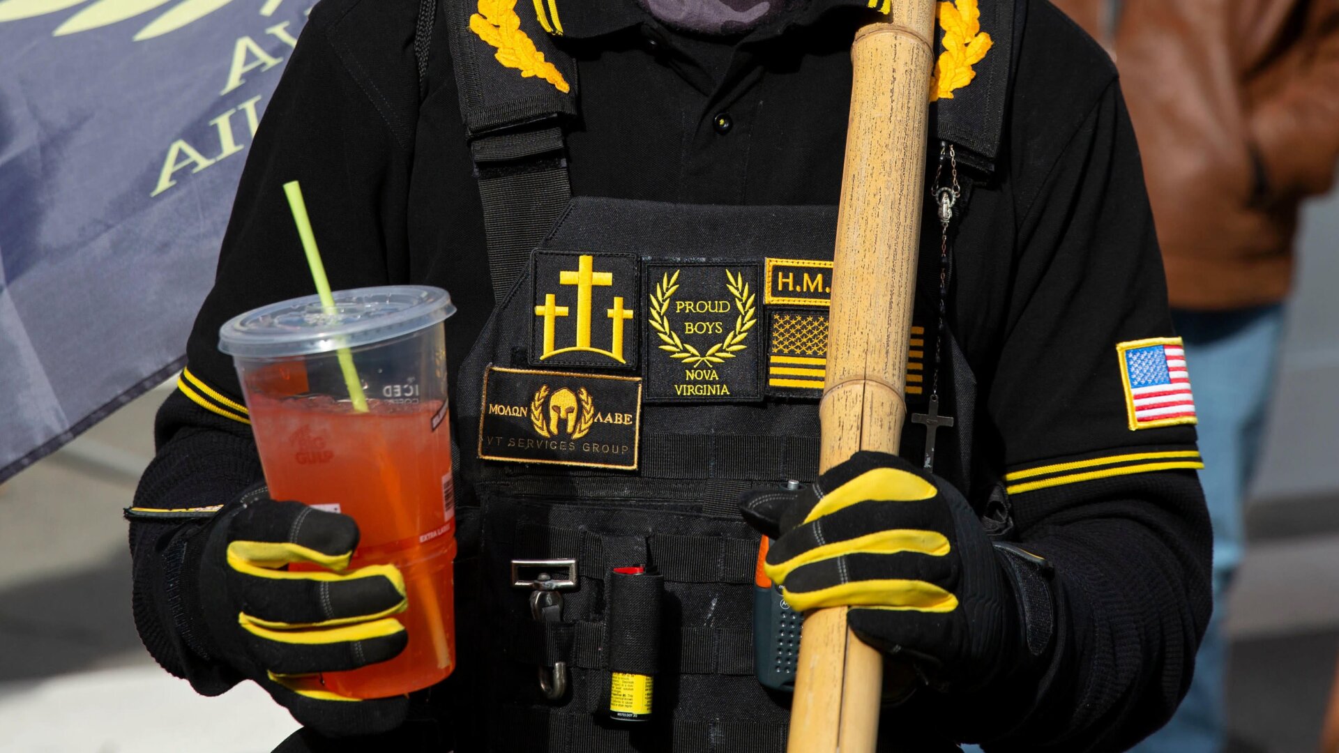 A member of the Proud Boys speaks to the media at a gun rights rally near the Capitol in Richmond, Virginia on January 18, 2021.