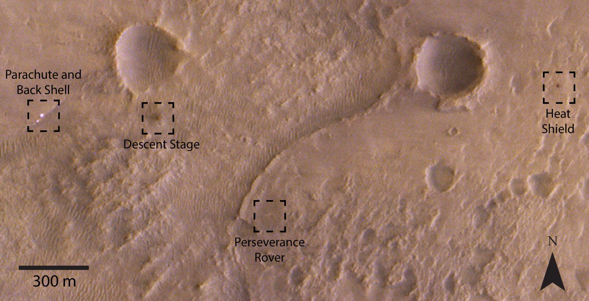 A close-up view of the landing site with objects labeled. 
