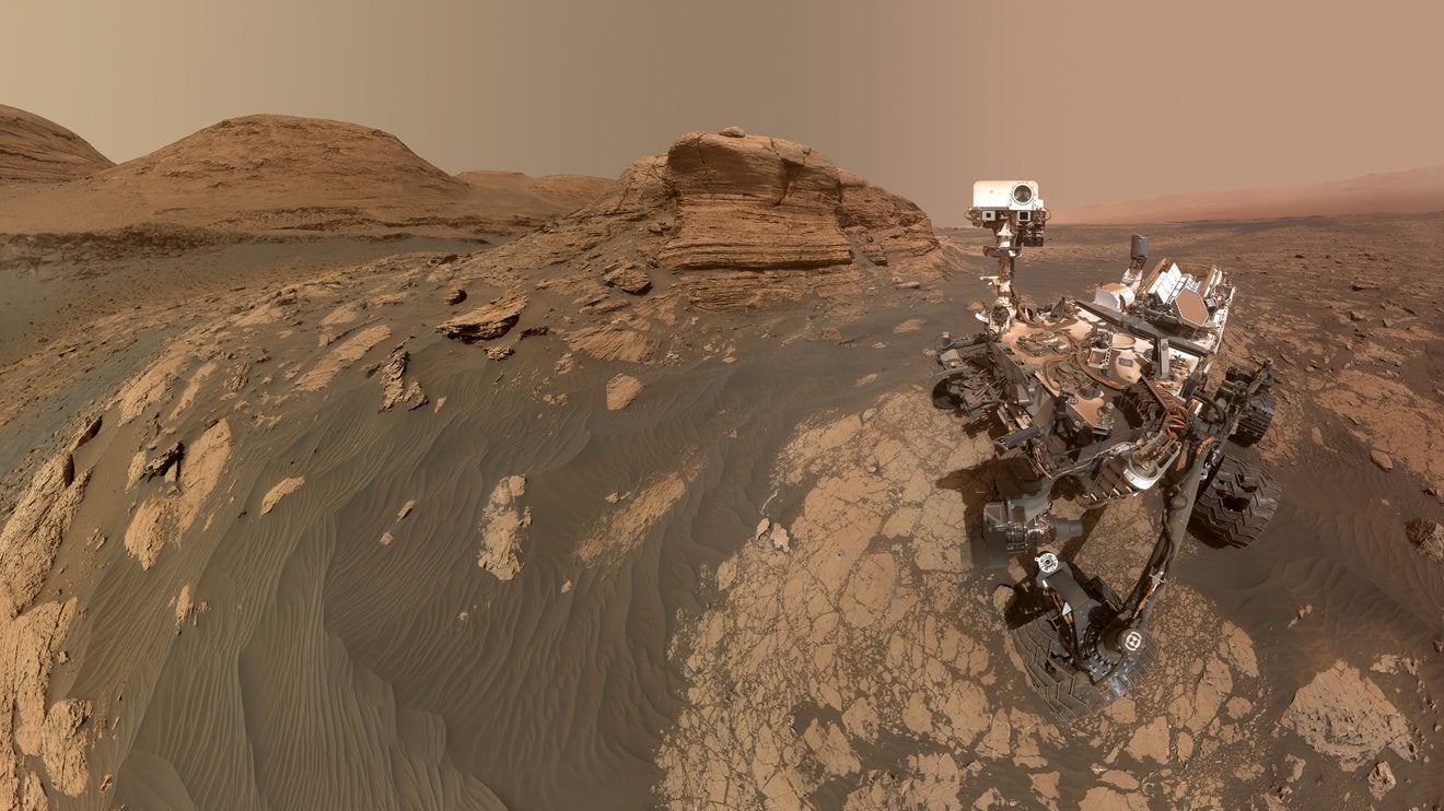 Curiosity took this selfie, with Mont Mercou in the background, on March 26, 2021.