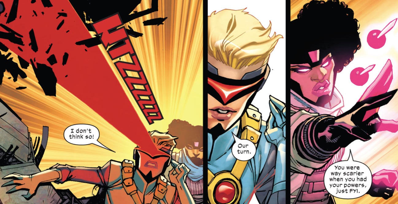 Cyclops-Lass and Gimmick handling business.