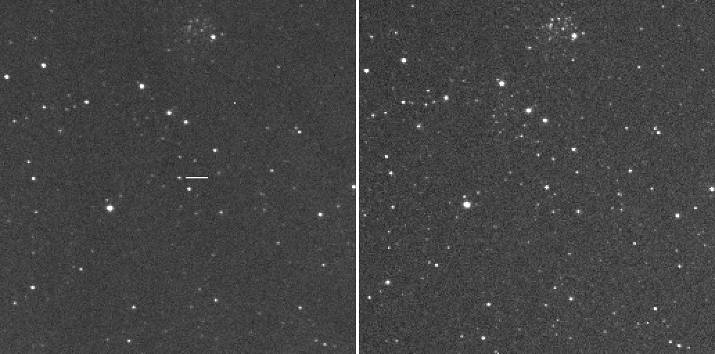 Left: The horizontal white line points to the new nova. Right: The same region of space seen four days earlier, sans nova.