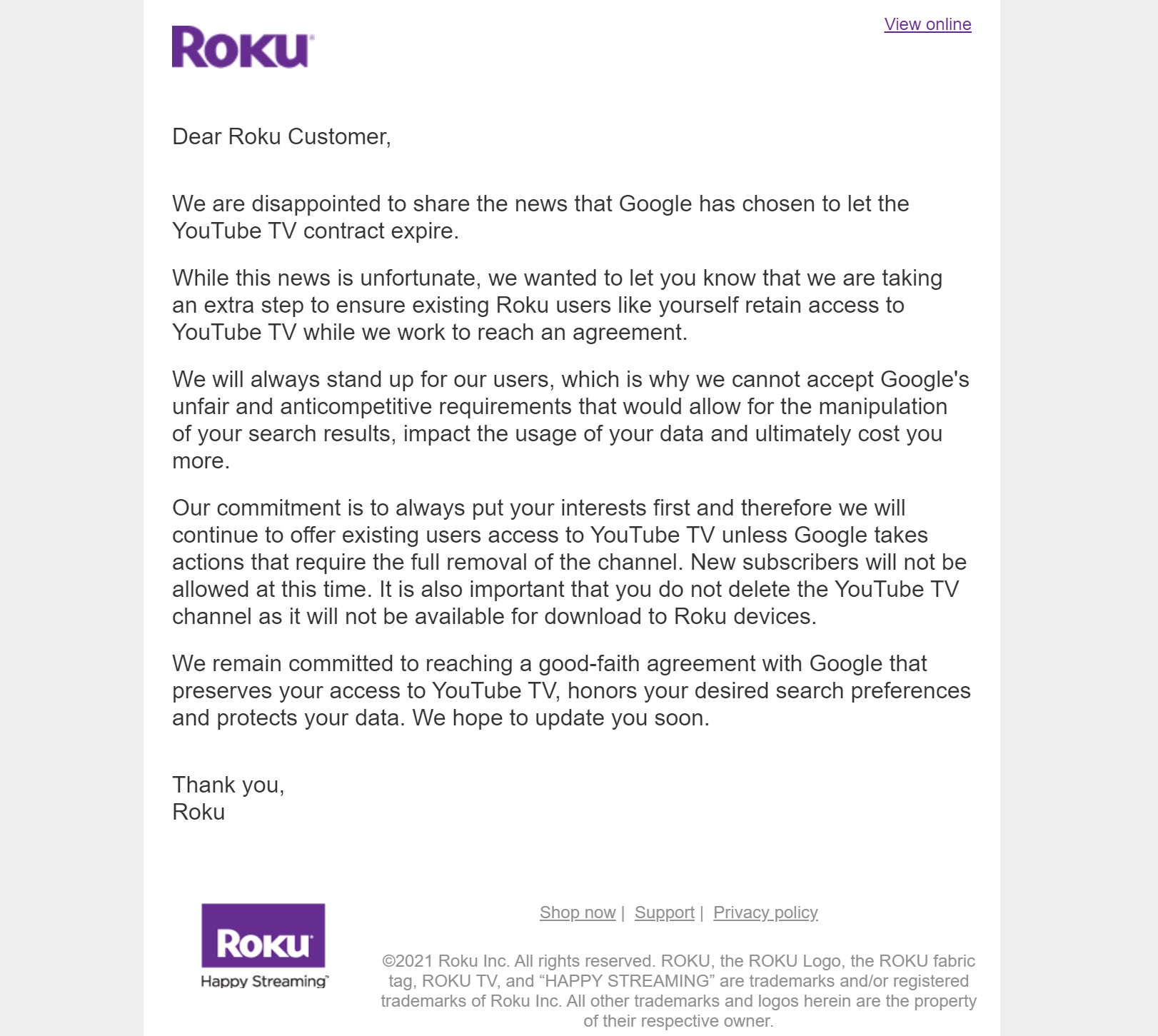 Here is a screenshot of Roku’s email to customers sent to a member of the Gizmodo staff. 