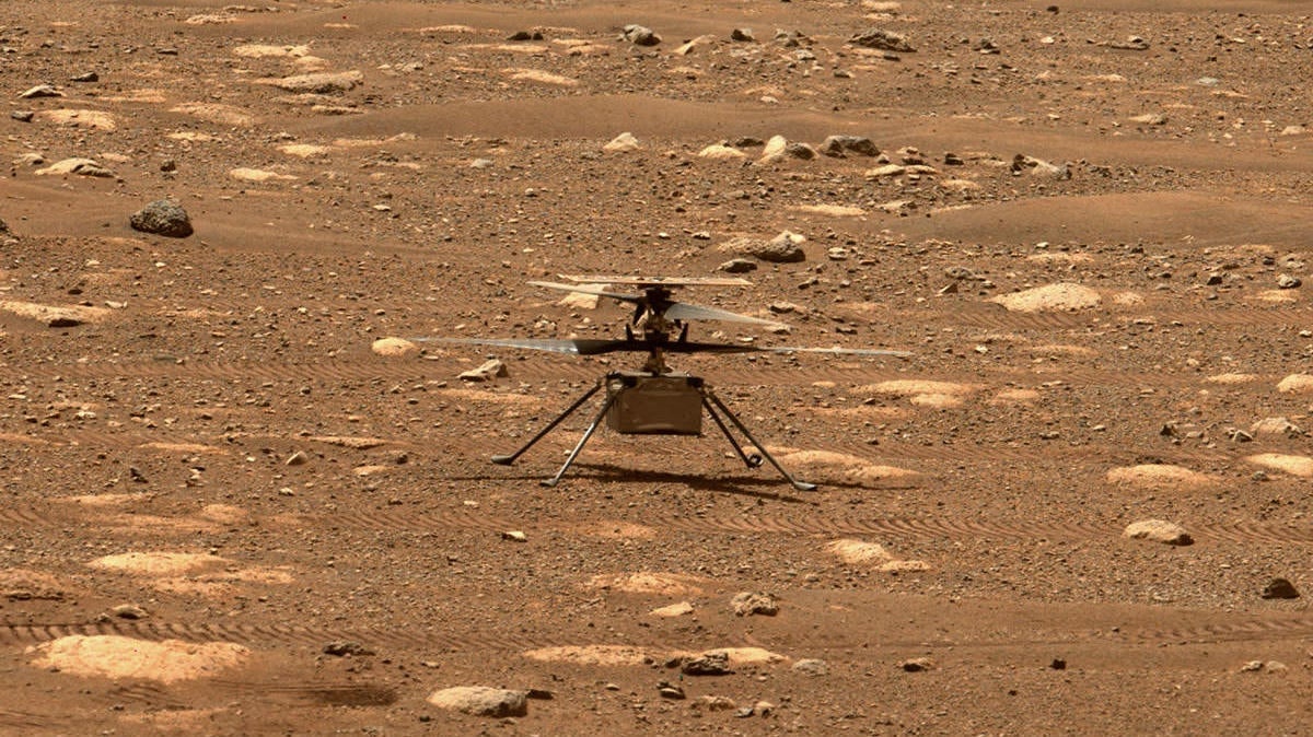 The Ingenuity helicopter standing on the surface of Mars, imaged by Perseverance rover.