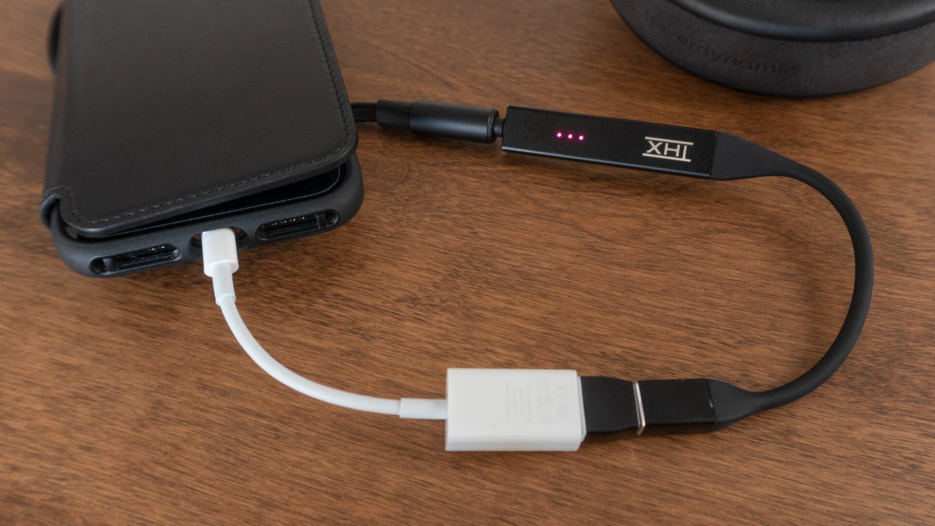 You’ll also need Apple’s Lightning to USB Camera Adapter to connect the THX Onyx to an iPhone’s Lightning port.