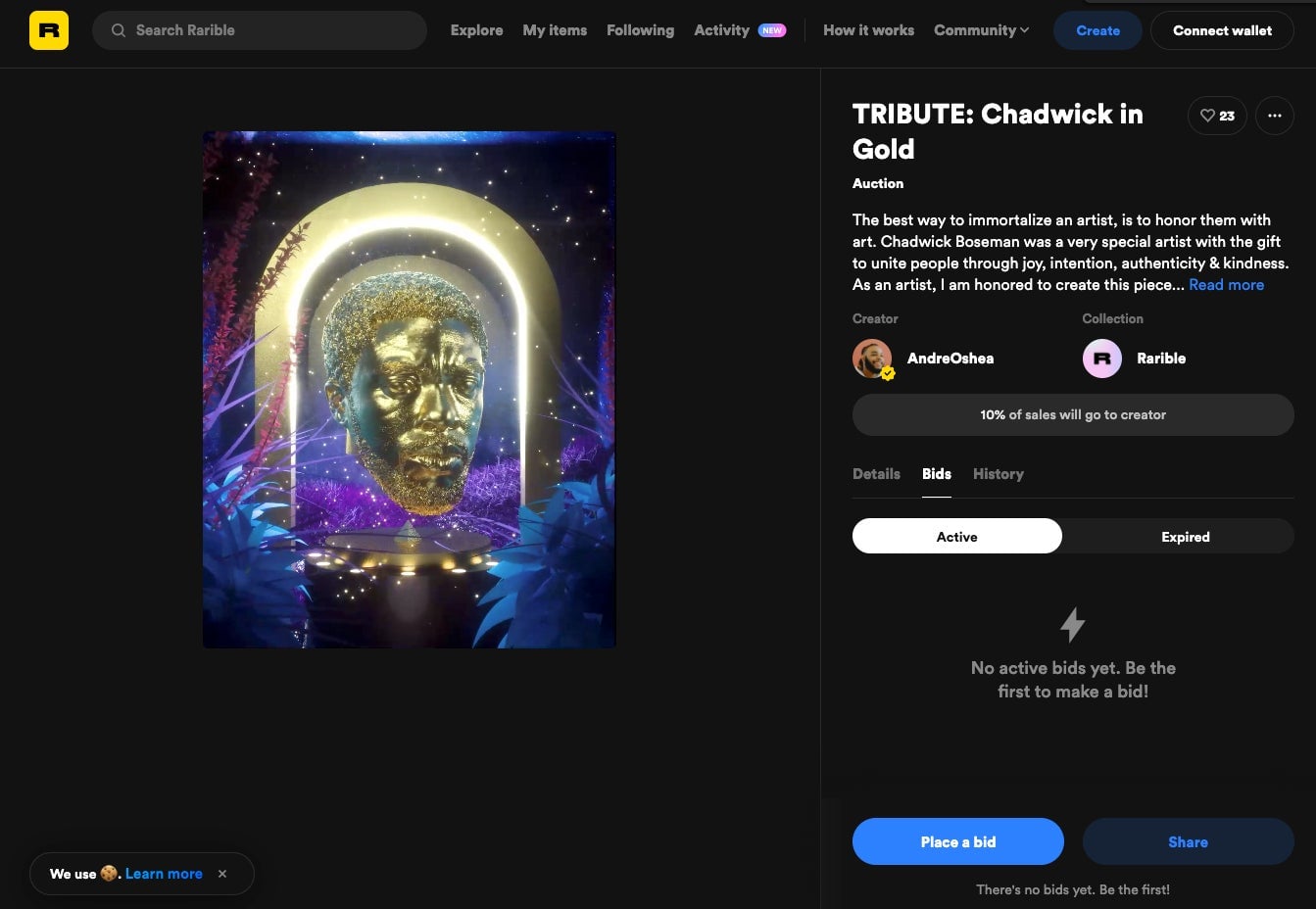 A screenshot of the Rarible page for Andre Oshea’s Chadwick Boseman NFT.