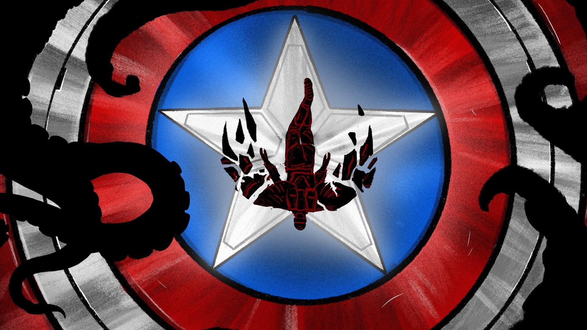 An illustration of Sam Wilson, the new Captain America, and his shield.