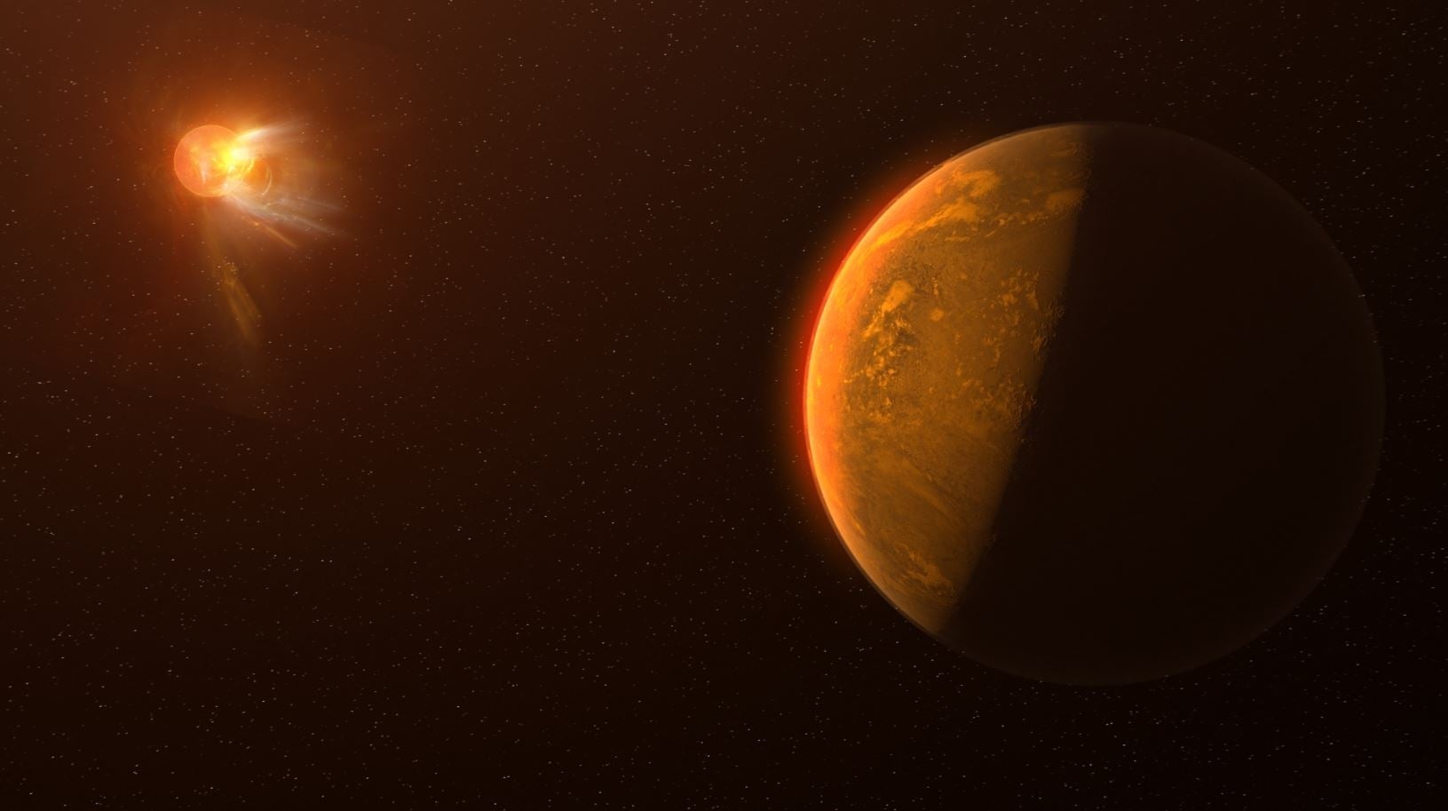 Artist’s conception of the flare from Proxima Centauri, and an exoplanet in orbit around it.