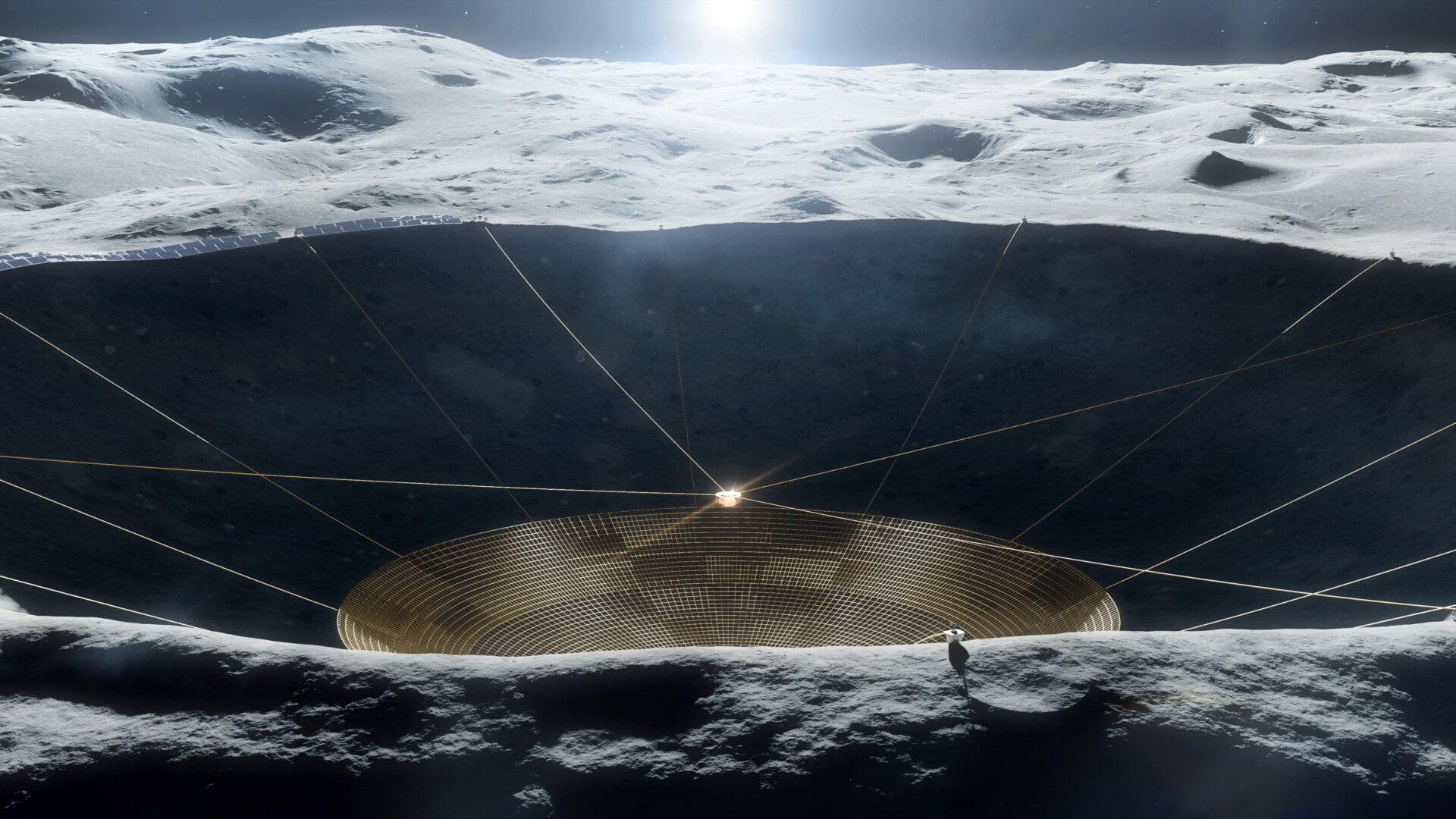 Artist’s conception of a radio dish built inside the crater on the far side of the Moon.