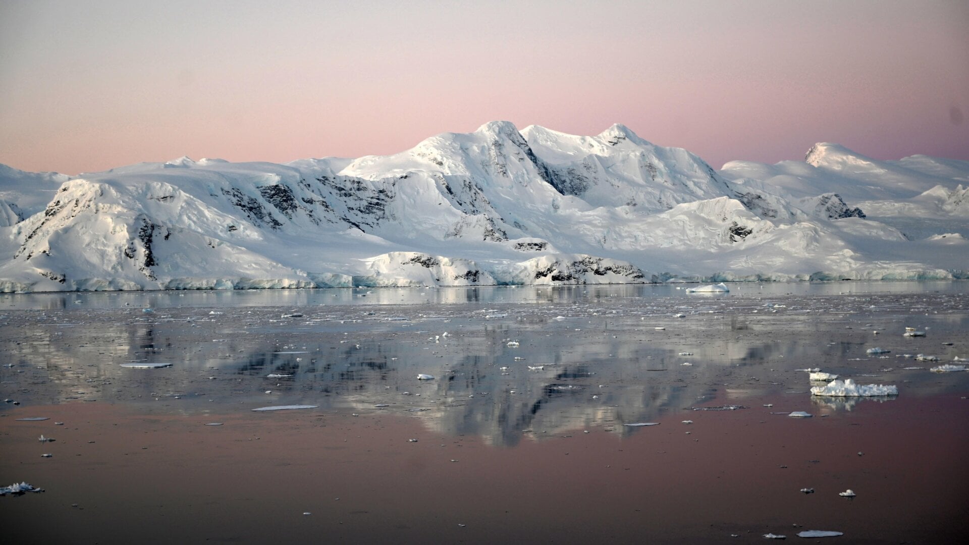 View of a glacier at sunset at Chiriguano Bay in South Shetland Islands, Antarctica on Nov. 7, 2019.
