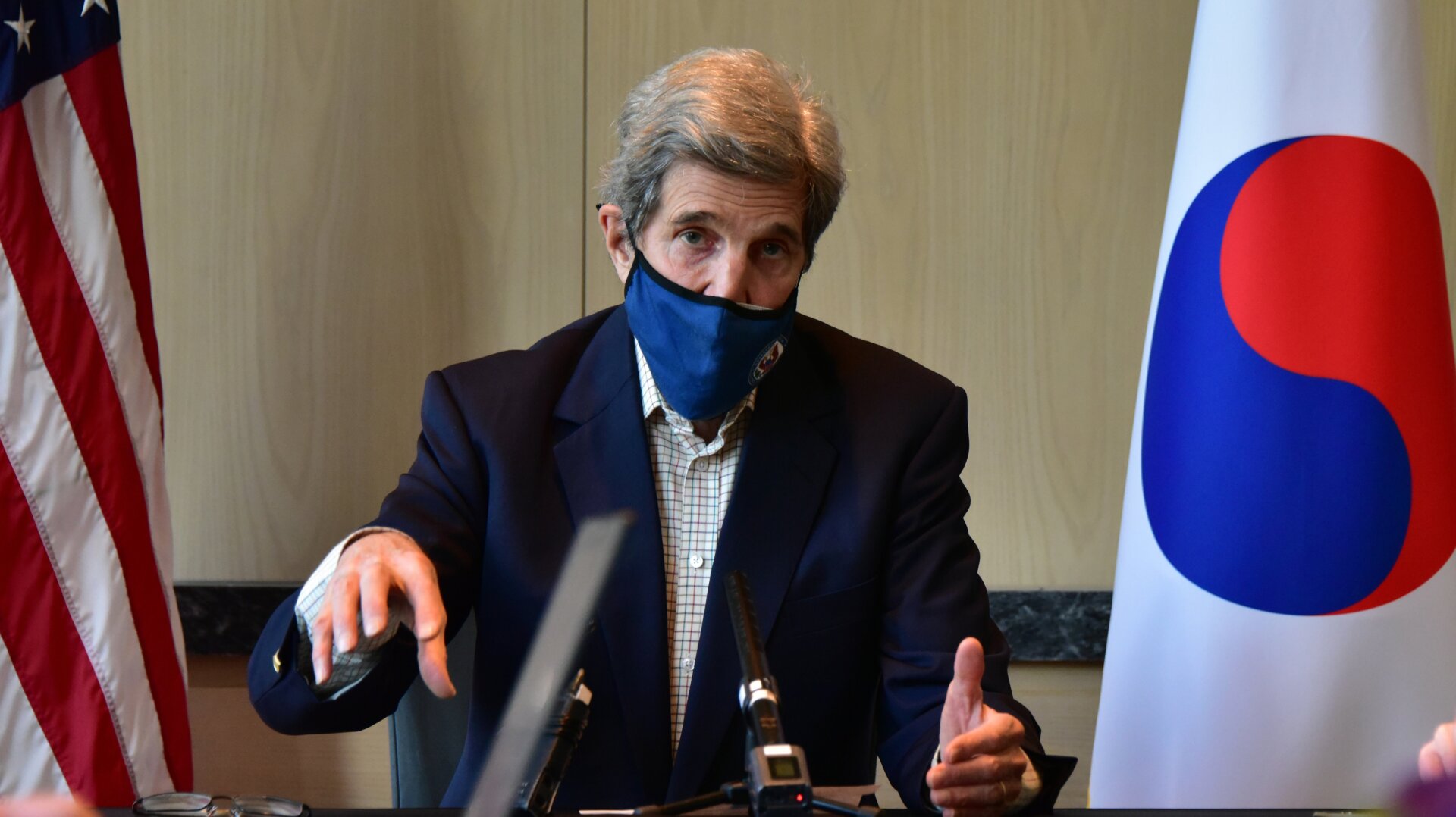 Special Presidential Envoy for Climate John Kerry speaks during a press conference on April 18, 2021 in Seoul, South Korea after two days of climate talks in Shanghai, China.