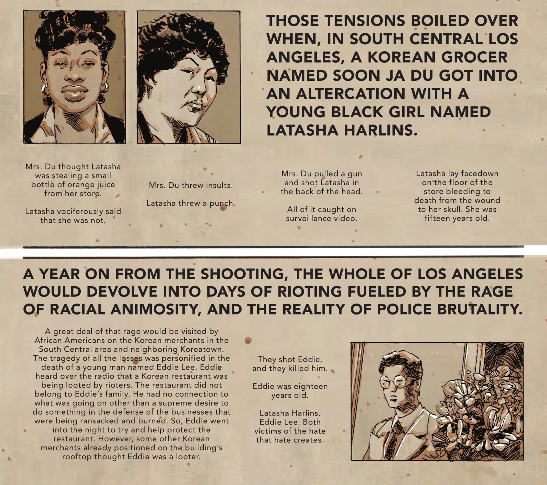 Newspaper clipping describing the murder of Latasha Harlins, and the riots that followed.