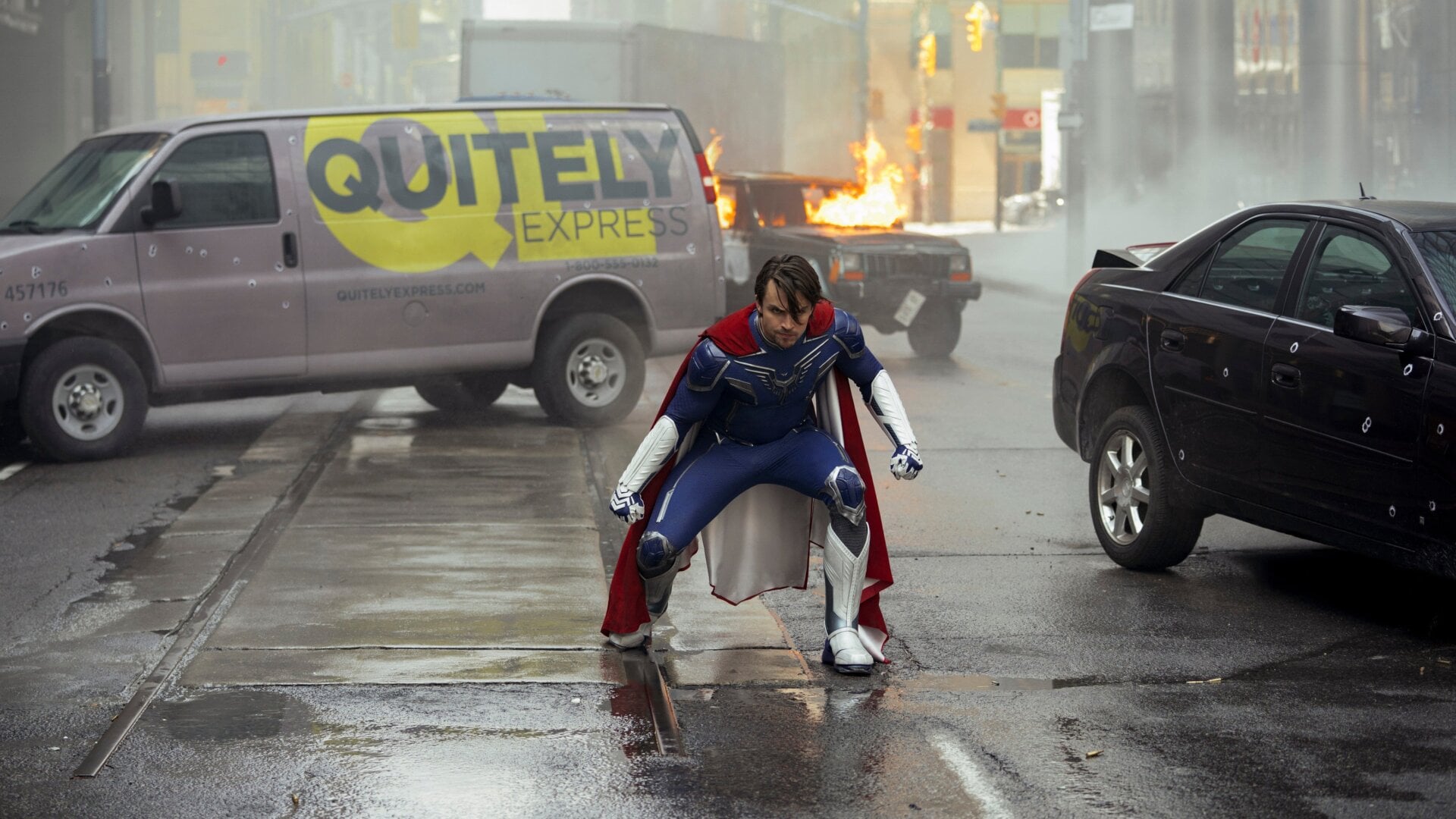 Young ‘un Brandon Sampson (Andrew Horton) strikes a superhero pose in Jupiter’s Legacy.