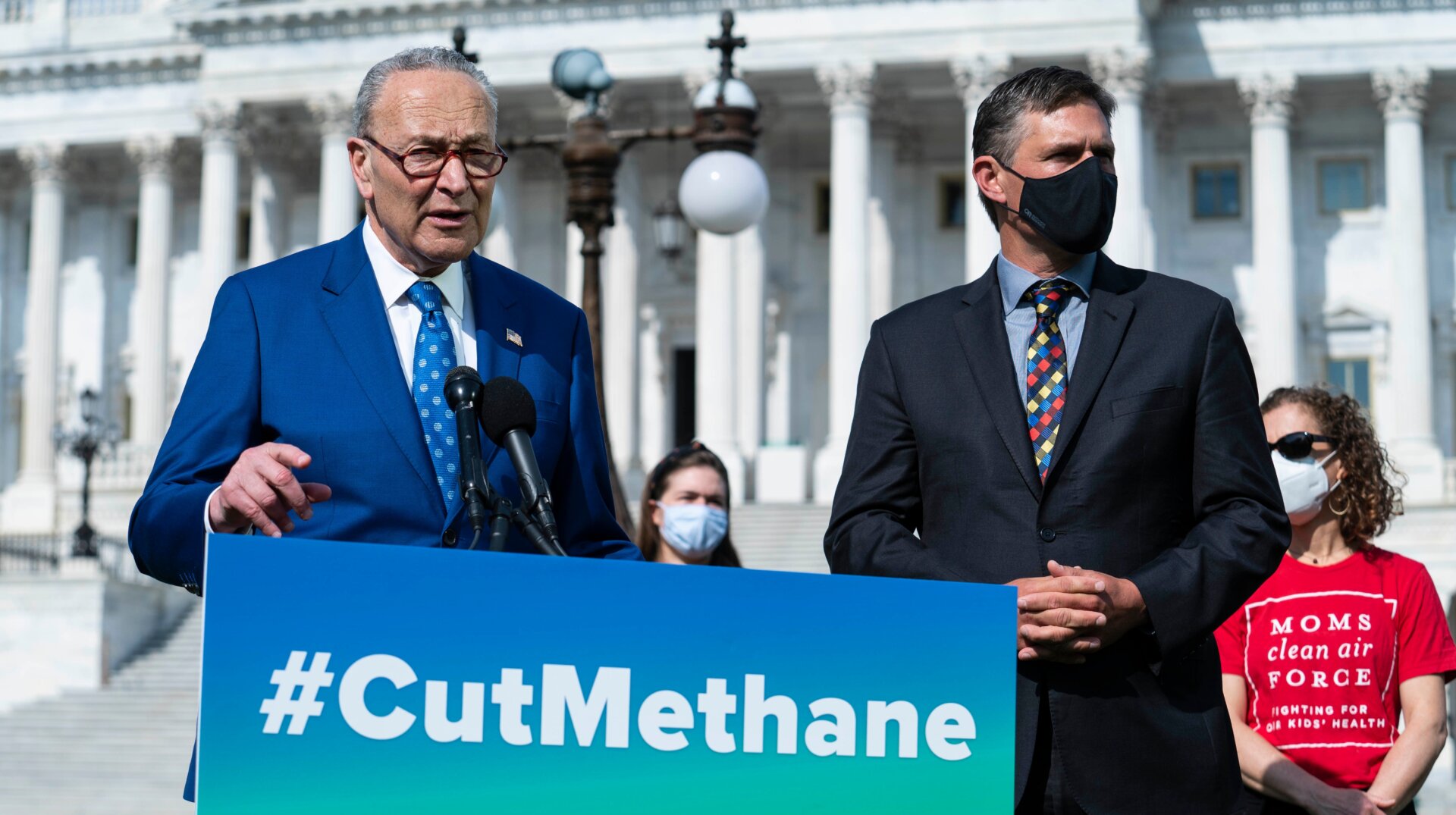 Senate Majority Leader Chuck Schumer and Sen. Martin Heinrich participate in a news conference about the Senate vote on methane regulation.