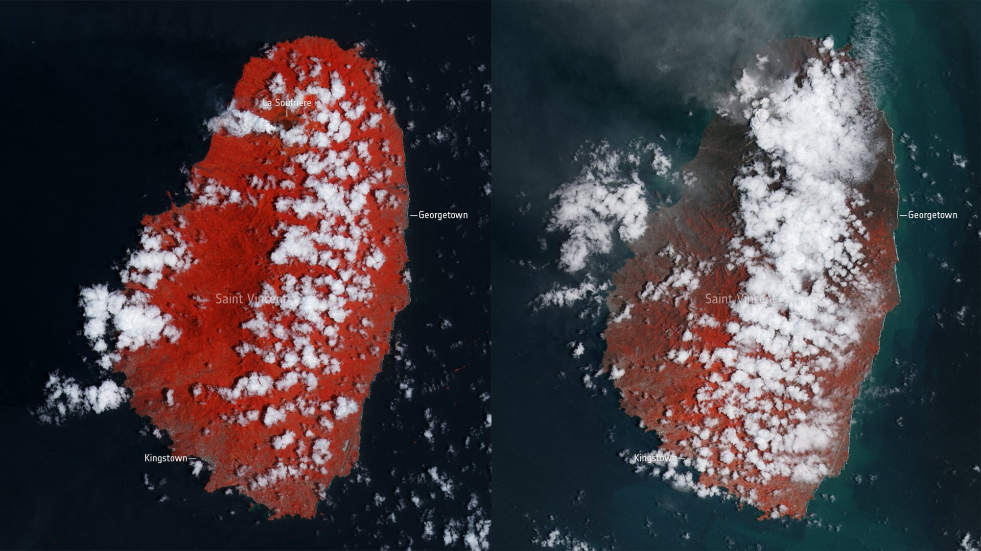 The island of St. Vincent before the eruption, April 8 (left) and after, April 13 (right). False-color satellite images show how the island’s plant life (appearing in red) has been covered by ash (the darkened areas).