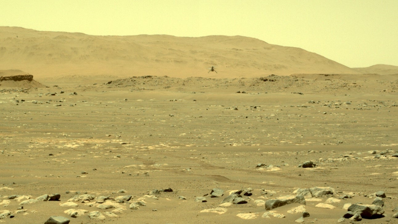 This image was taken by NASA’s Mars rover Perseverance on April 22, 2021. It shows the Ingenuity helicopter during its second flight.