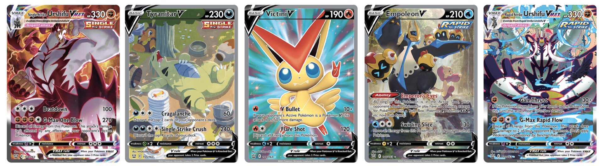 Cards featuring VMax Single Strike Urshifu, Tyranitar, Victini, Empoleon, and VMax Rapid Strike Urshifu.