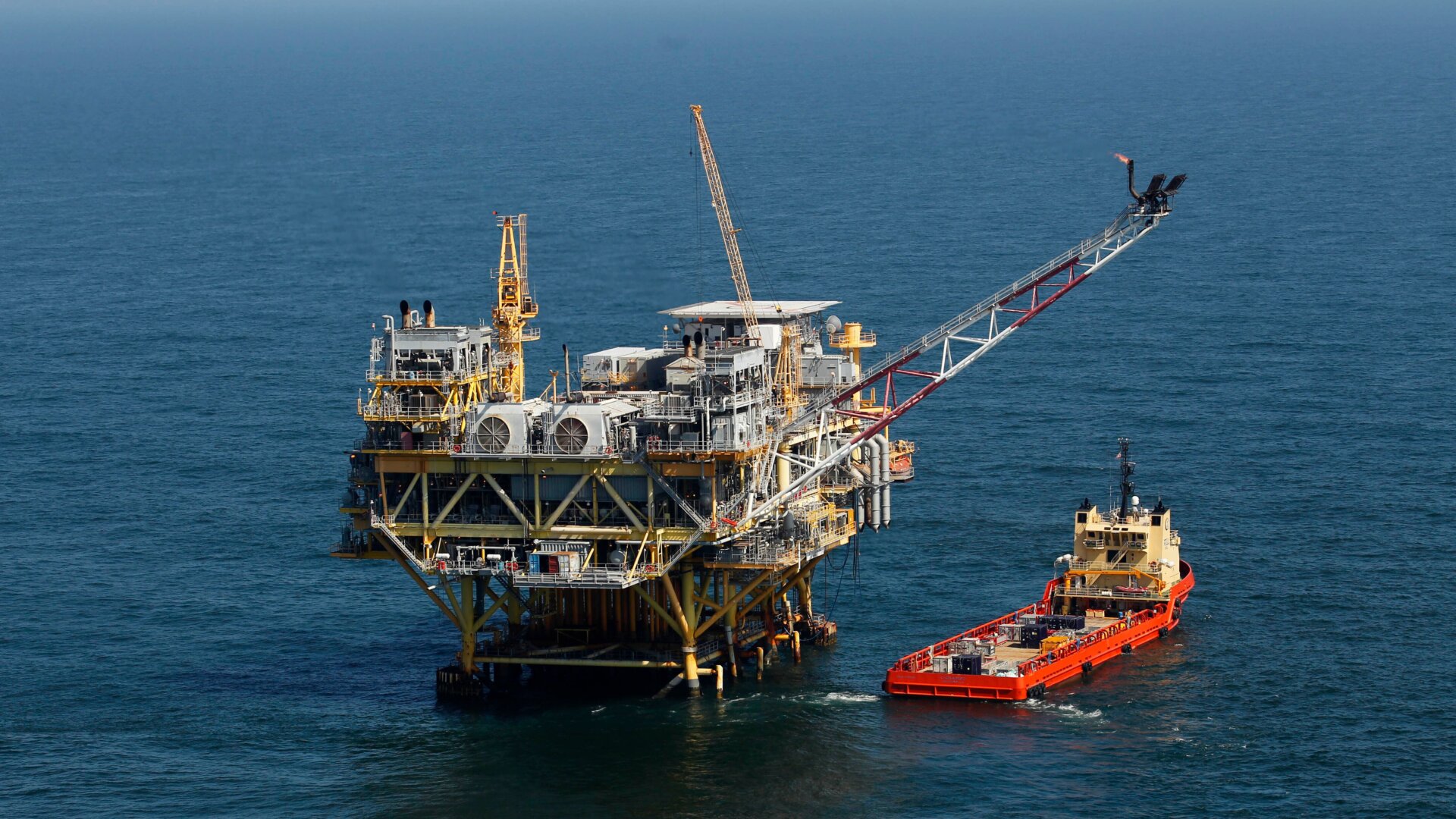 A rig and supply vessel in the Gulf of Mexico, off the coast of Louisiana.