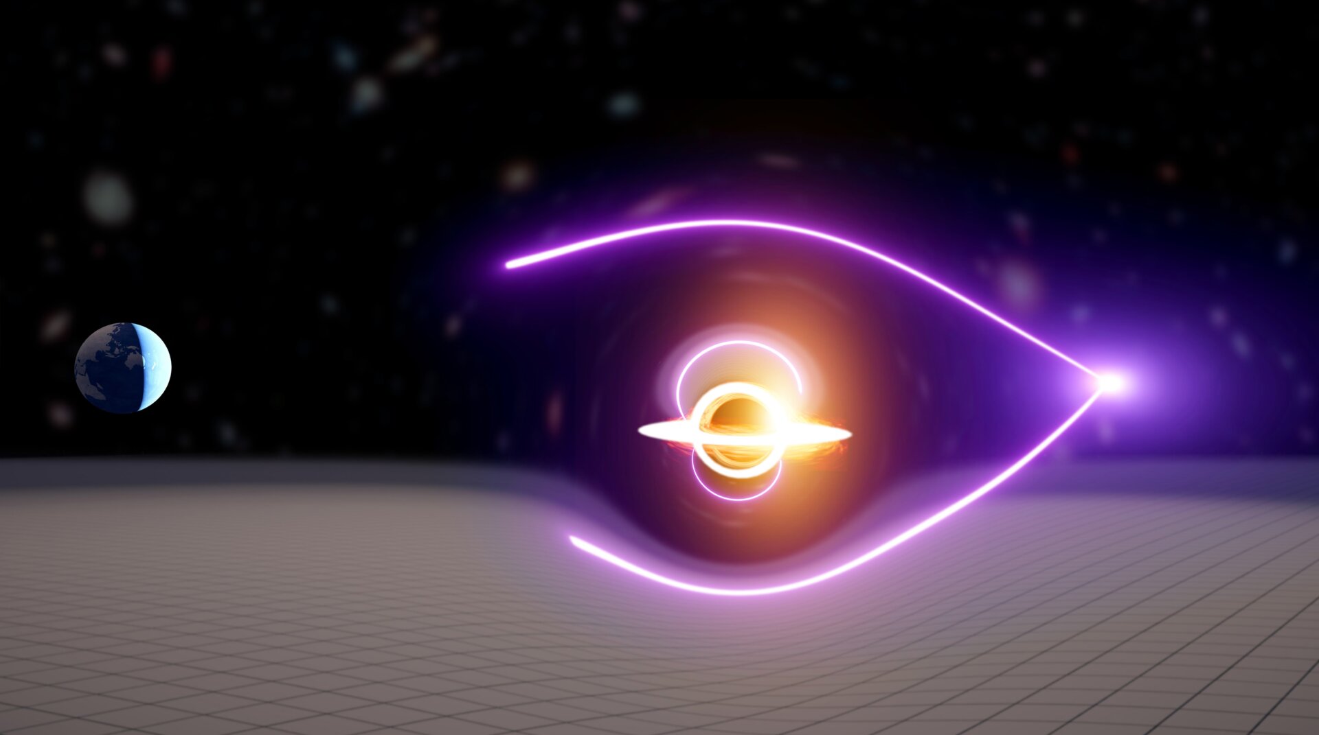 The gamma rays would bend around the black hole and return slightly offset signatures on the other side.