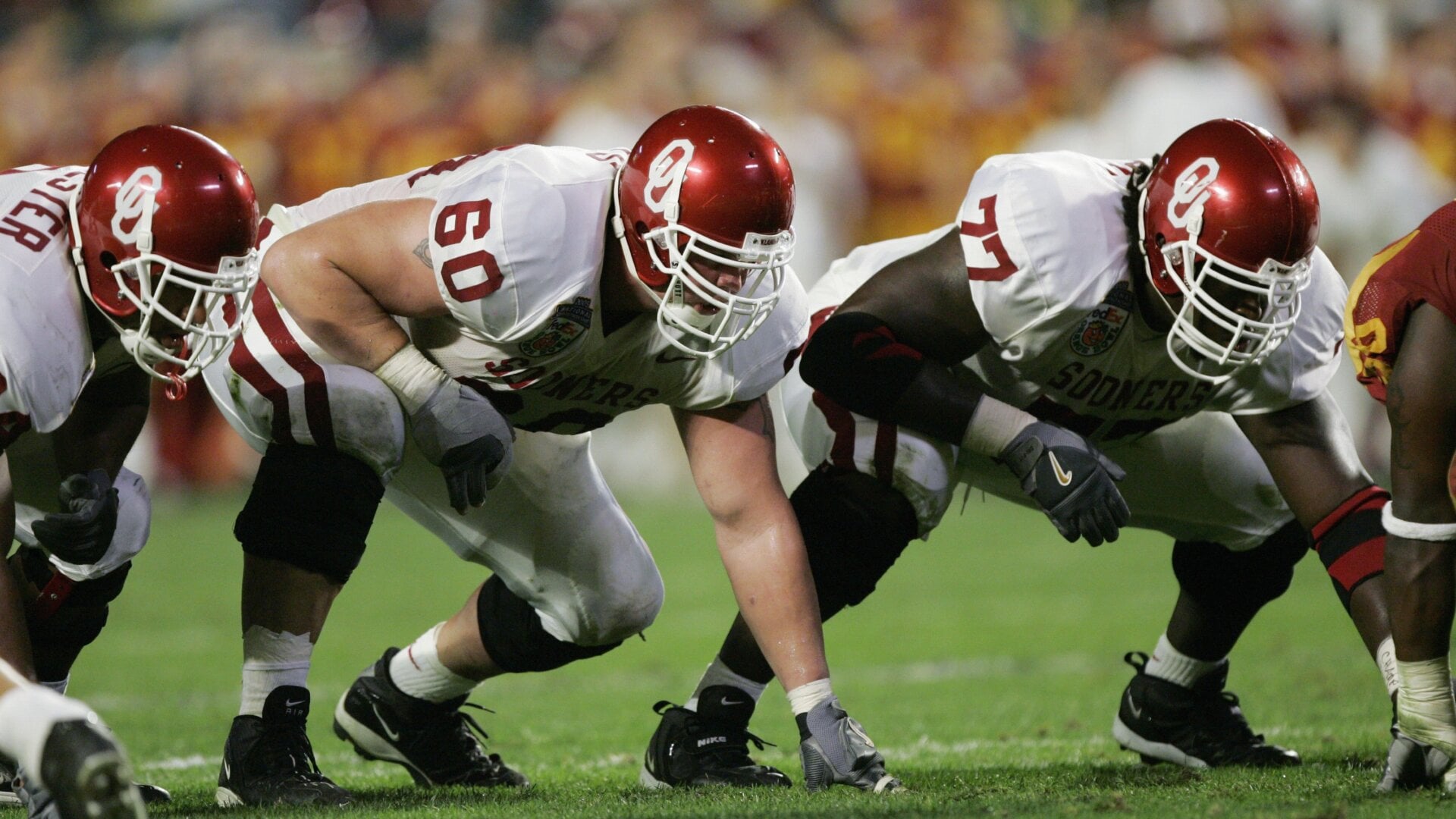 Members of the Oklahoma Sooners line up against the USC Trojans in the 2005 FedEx Orange Bowl National Championship on January 4, 2005 at Pro Player Stadium in Miami, Florida