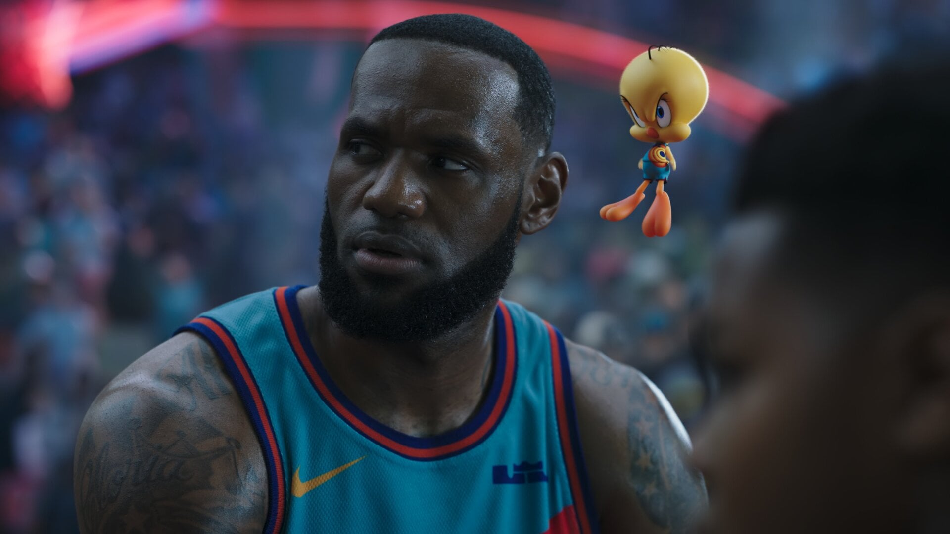Lebron James and Tweety Bird look skeptical in Space Jam: A New Legacy.