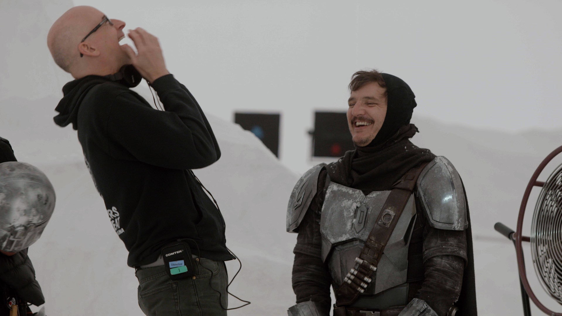 Director Peyton Reed and star Pedro Pascal share a moment inside a powerful filmmaking tool on the set of The Mandalorian.